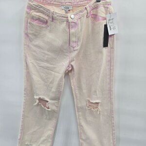 Fate Acid Wash Distressed Light Pink Cropped High Rise Raw Hem Jeans Large
